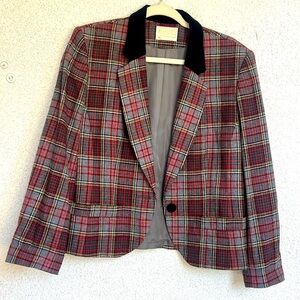 EUC Vintage Pendleton Blazer Womens Plaid‎ Red/Blue/Yellow/Gray/BL velvet collar